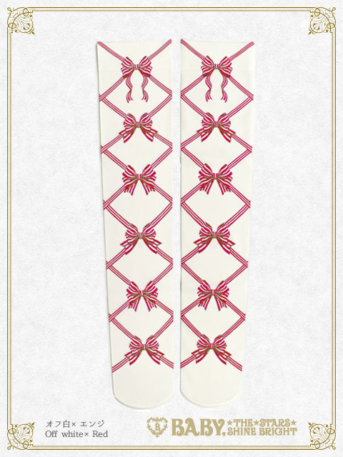 Ribbon print overknee socks