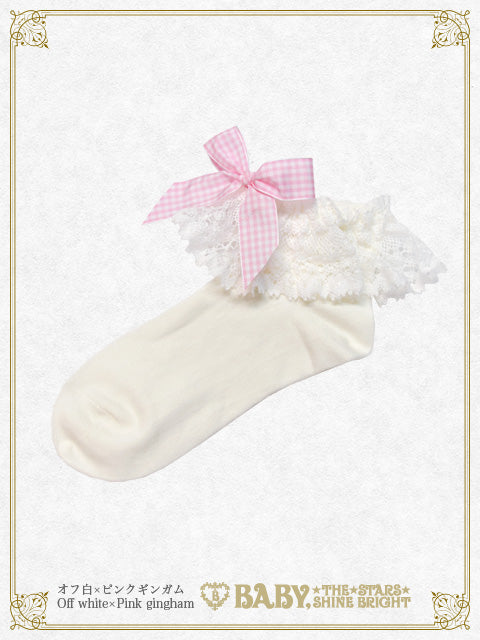 Gingham Ribbon Torsion Lace Ankle Socks