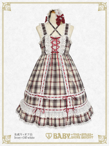 Tartan check baby doll jumper skirt＆Princess drop head dress set