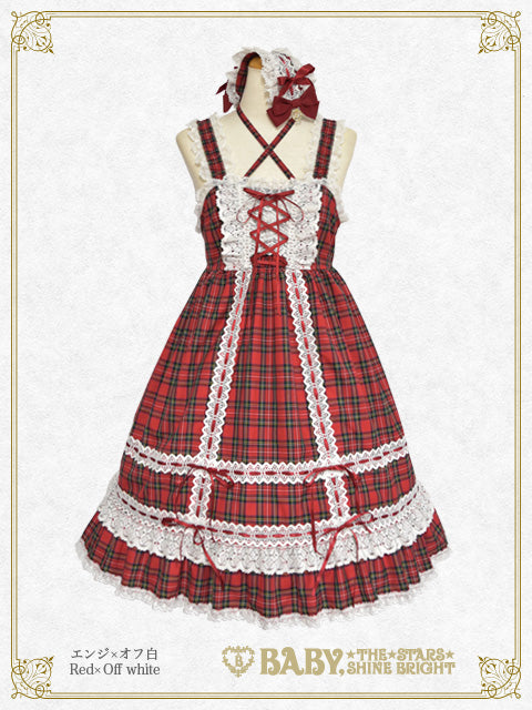 Tartan check baby doll jumper skirt＆Princess drop head dress set