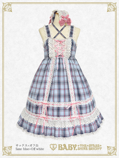 Tartan check baby doll jumper skirt＆Princess drop head dress set