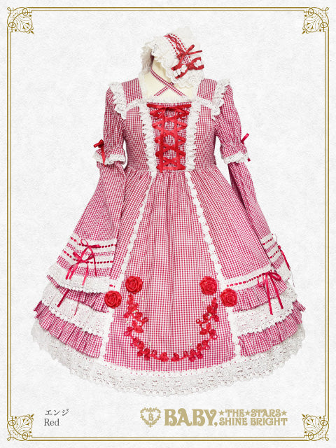Gingham check rolled rose Doll one piece dress set