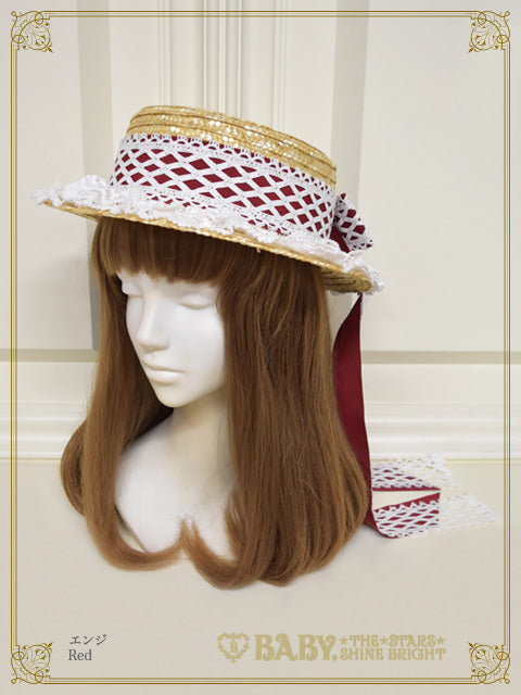 Torchon lace and grosgrain ribbon boater hat