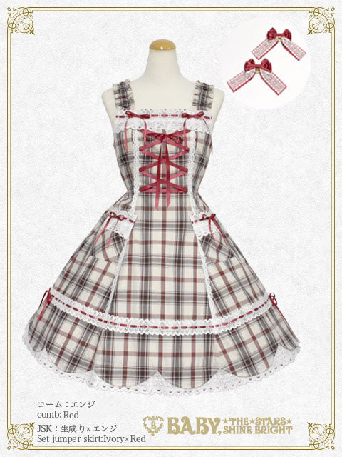 Scalloped tartan check jumper skirt & ribbon comb set