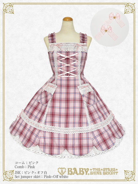 Scalloped tartan check jumper skirt & ribbon comb set