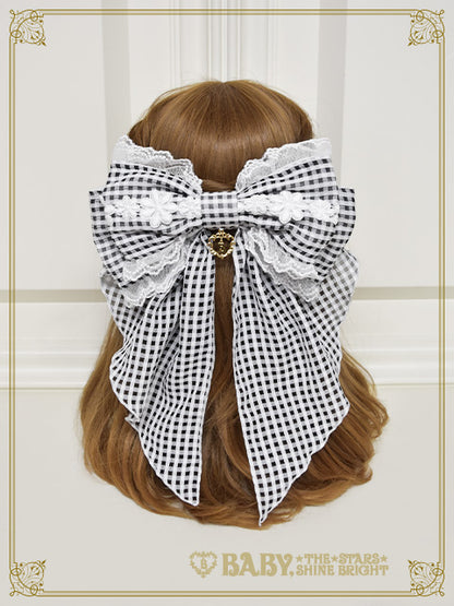 Fluffy Gingham Heart Ribbon Barrette