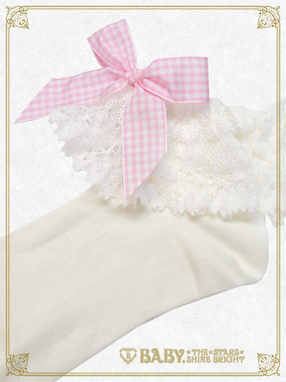 Gingham Ribbon Torsion Lace Ankle Socks
