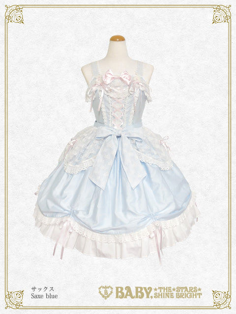 水玉リボンジャンパースカート サックス BABY,THE STARS BABY本店限定「Favorite Ribbonジャンパースカート/カチューシャ