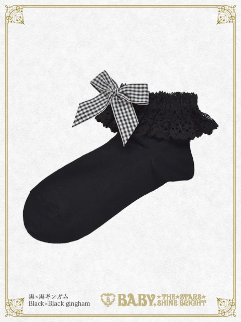 Gingham Ribbon Torsion Lace Ankle Socks