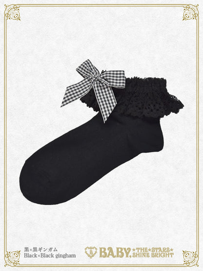 Gingham Ribbon Torsion Lace Ankle Socks
