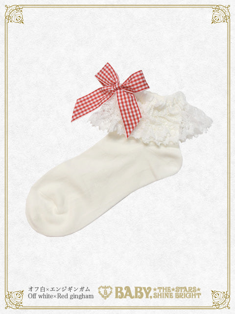 Gingham Ribbon Torsion Lace Ankle Socks