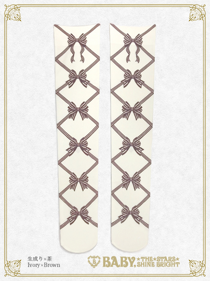 リボン柄プリントオーバーニーソックス
